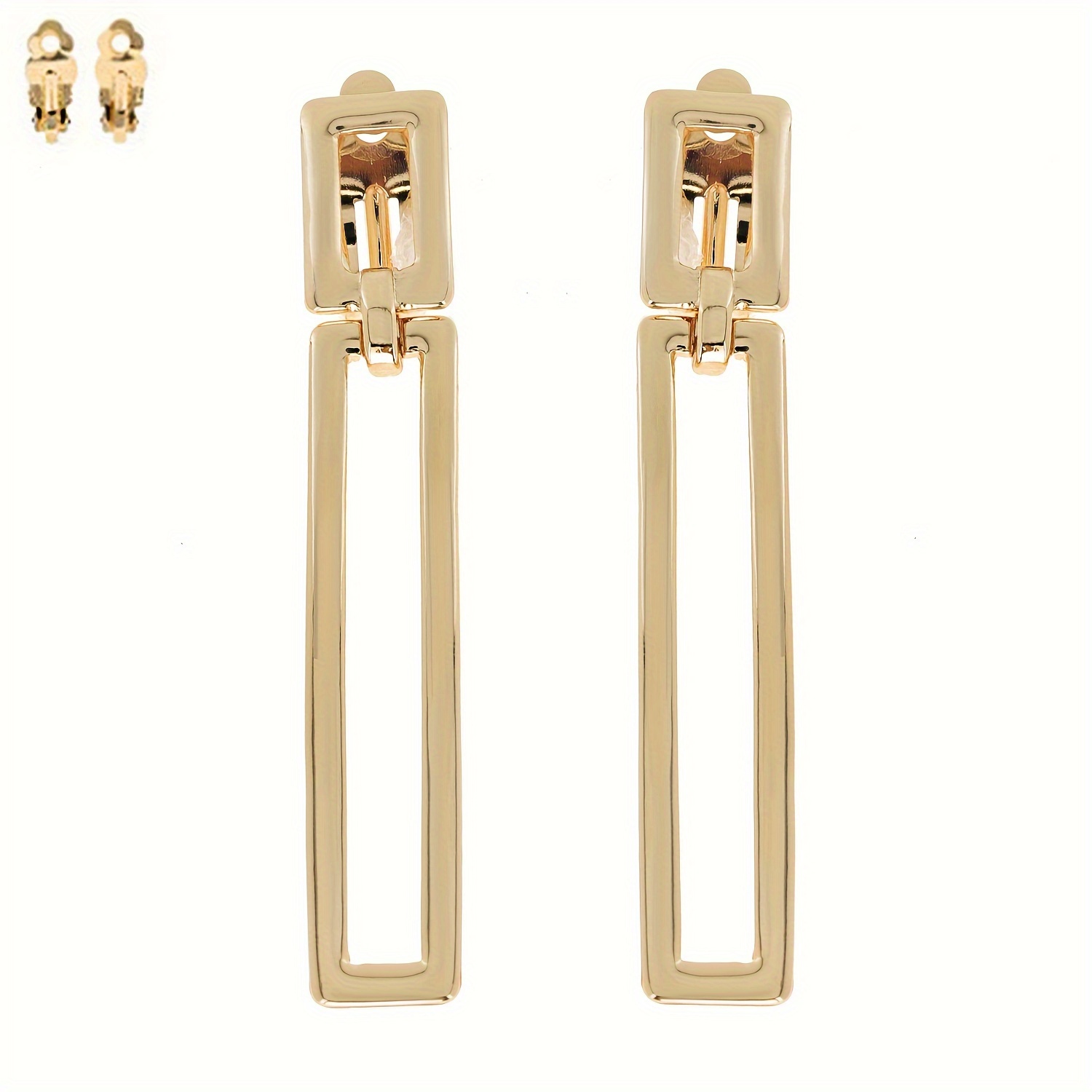 

Elegant 18k Golden-plated Double Long Rectangle Clip Earrings - Sleek Alloy Design With & Back, For Casual Attire, Novelty Earrings