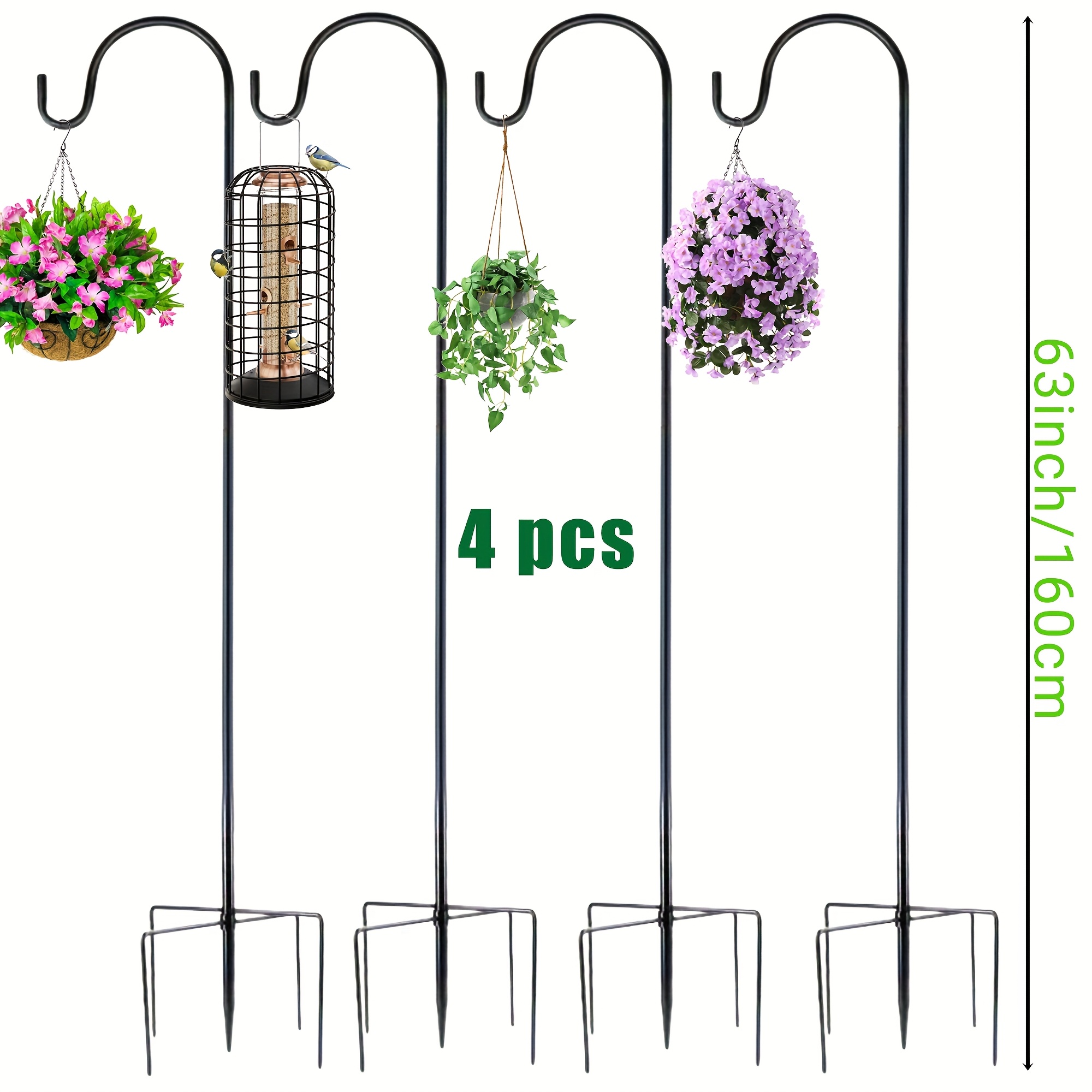 4pcs Garden Shepherd Hook Outdoor With 5 Prong Base, Bird Feeder Pole Hanger Holder Stand, Adjustable Heavy Duty Solar Light Plant Lantern Hanger Holder, Wedding Decor Black