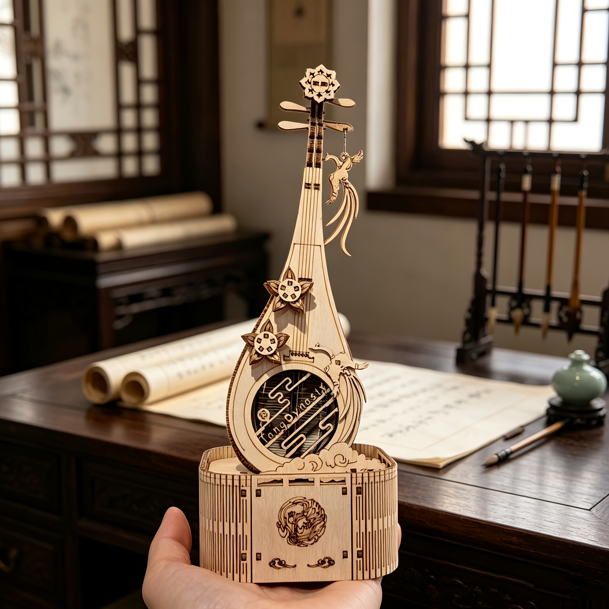 Wooden Pipa Music Box 3D Puzzle, Rotating Ornament