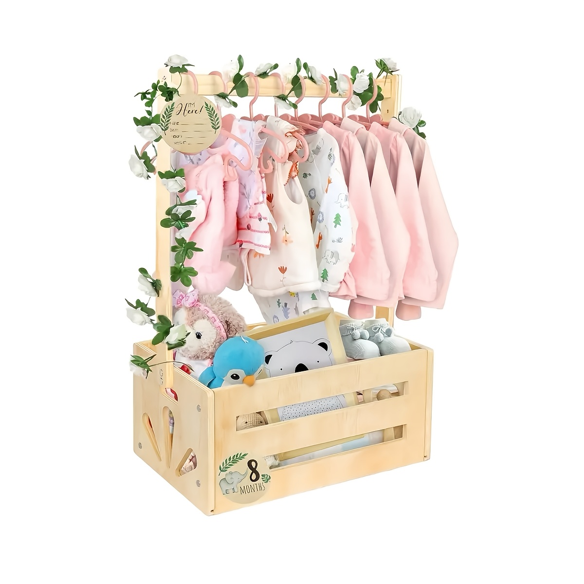 Christmas 1pc Wooden Shower , Wooden Storage Basket With Handle, Clothes Organizer Basket, Portable Children Clothes Hat Rack, Welcome Gift Basket For Boys Girls, Pregnancy Gifts For New Parents