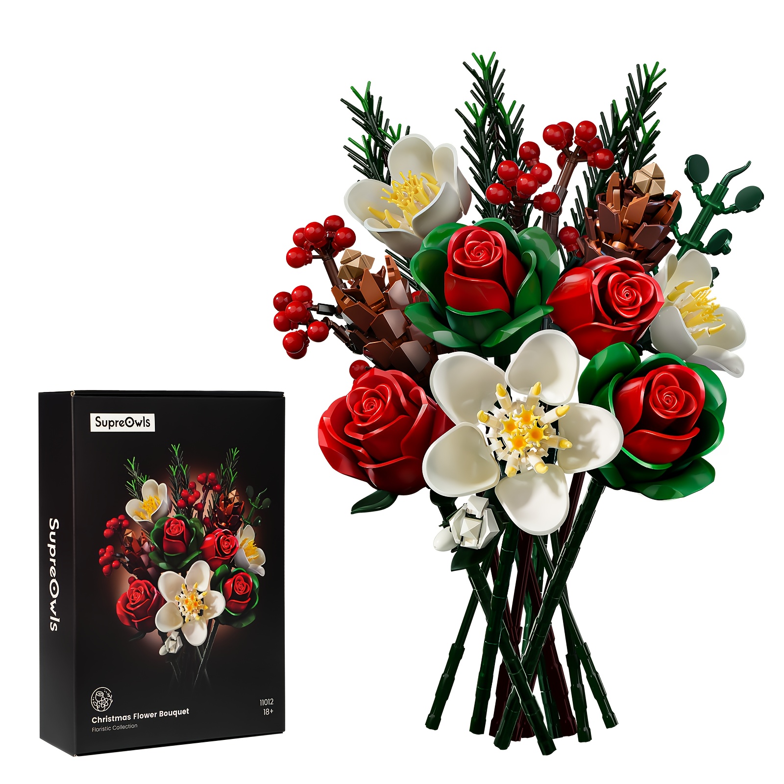 Supreowls Christmas Gift Diy Building Block Bouquet Toy Set In Christmas Colours Ideal For Filling Gift Baskets; A Bouquet Perfect For Desk Decoration
