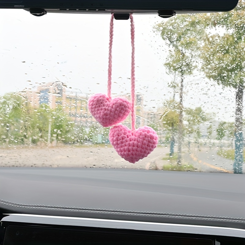 Image of 1pc Handmade Wool Crochet Love Heart Pendant - Wool Yarn Car Mirror Hanger, Handmade In Small Workshop, Unique Gift Suitable For Car & Crochet Lovers