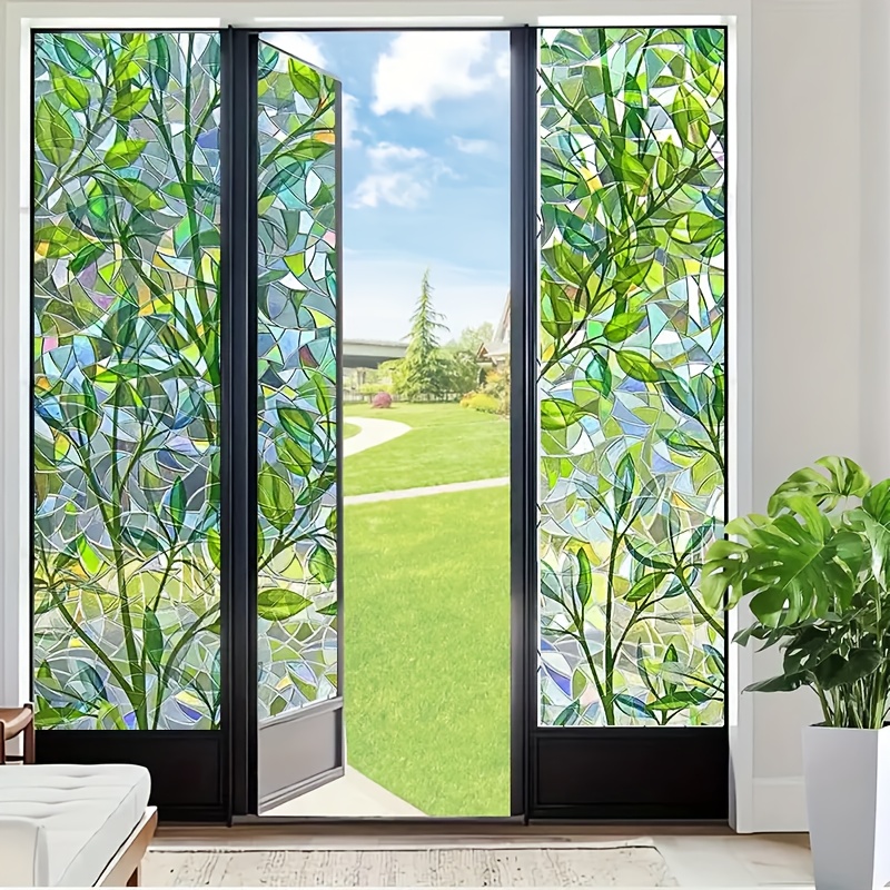 E-shop 1 Rolle statische PVC-Fensterfolie für Glas Türen, Spiegel, Duschabtrennungen - Blatt mit grünem Laub, Montage ohne Kleber/Bohren, dekorative