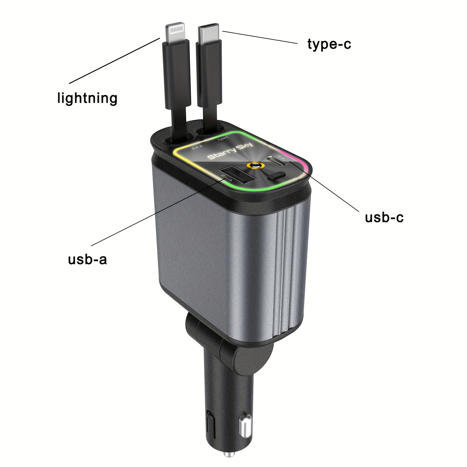 TEMU Retractable Laser Starry Sky Fast Charging Light Car Charger, Pd 3.0 Type- Phone Charger For Ios Smartphone Laptops, 4 Ports Cell Phone Fast