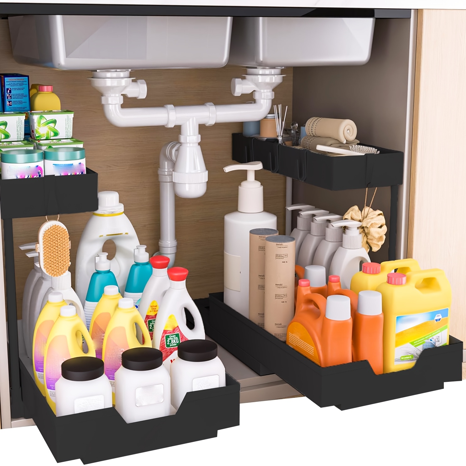 2pcs Large-capacity Under-sink Storage Rack, Kitchenware, Bathroom Organizer & Storage Solution, Double-layer Sliding Cabinet Basket Storage Drawer, Space-saving Vertical Storage Solution.