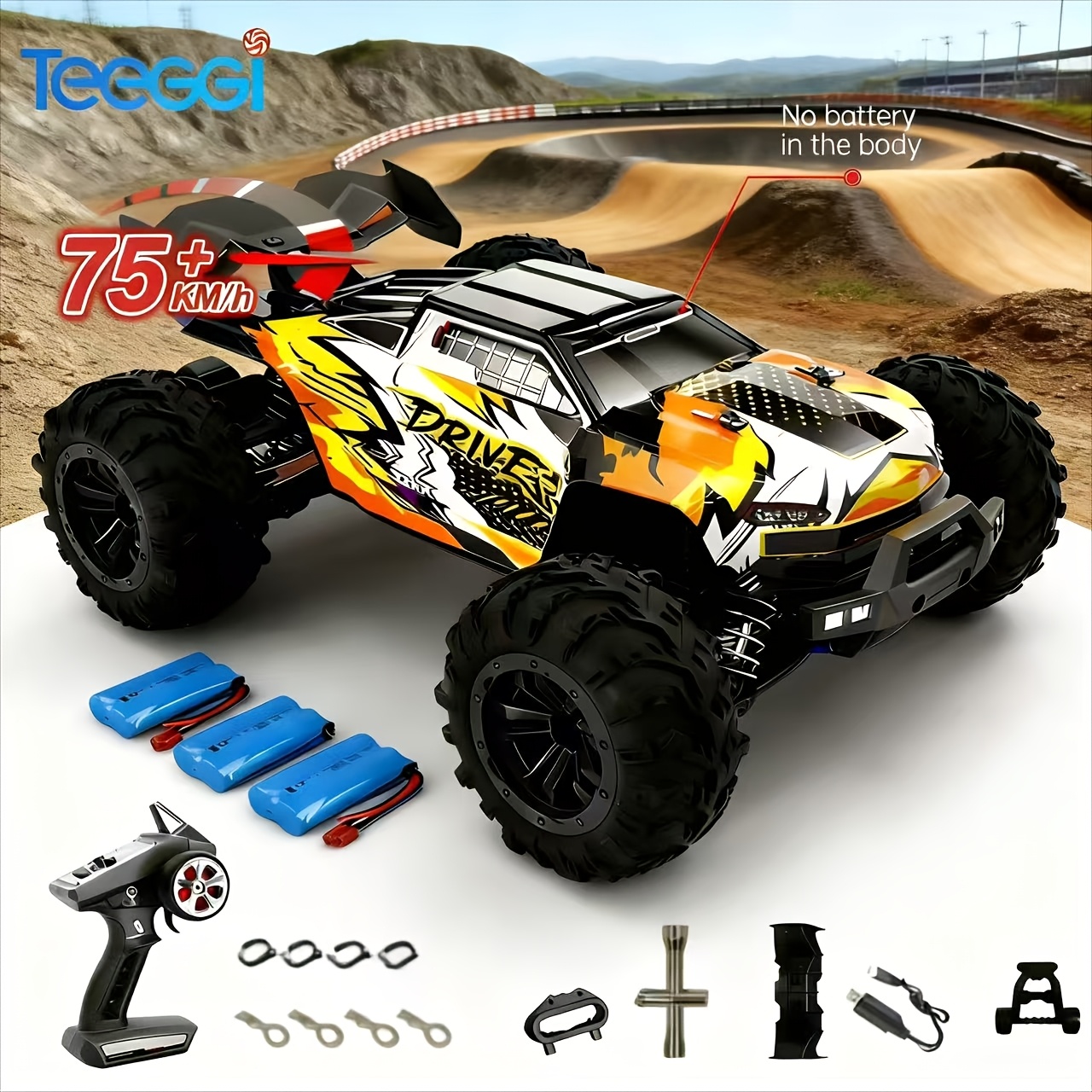 Image of 16102pro Yellow 75km/ Speed Rc Car Set Multiple Metal Components, 35a Brushless Esc, 3 Batteries, Professional Off-road Vehicle