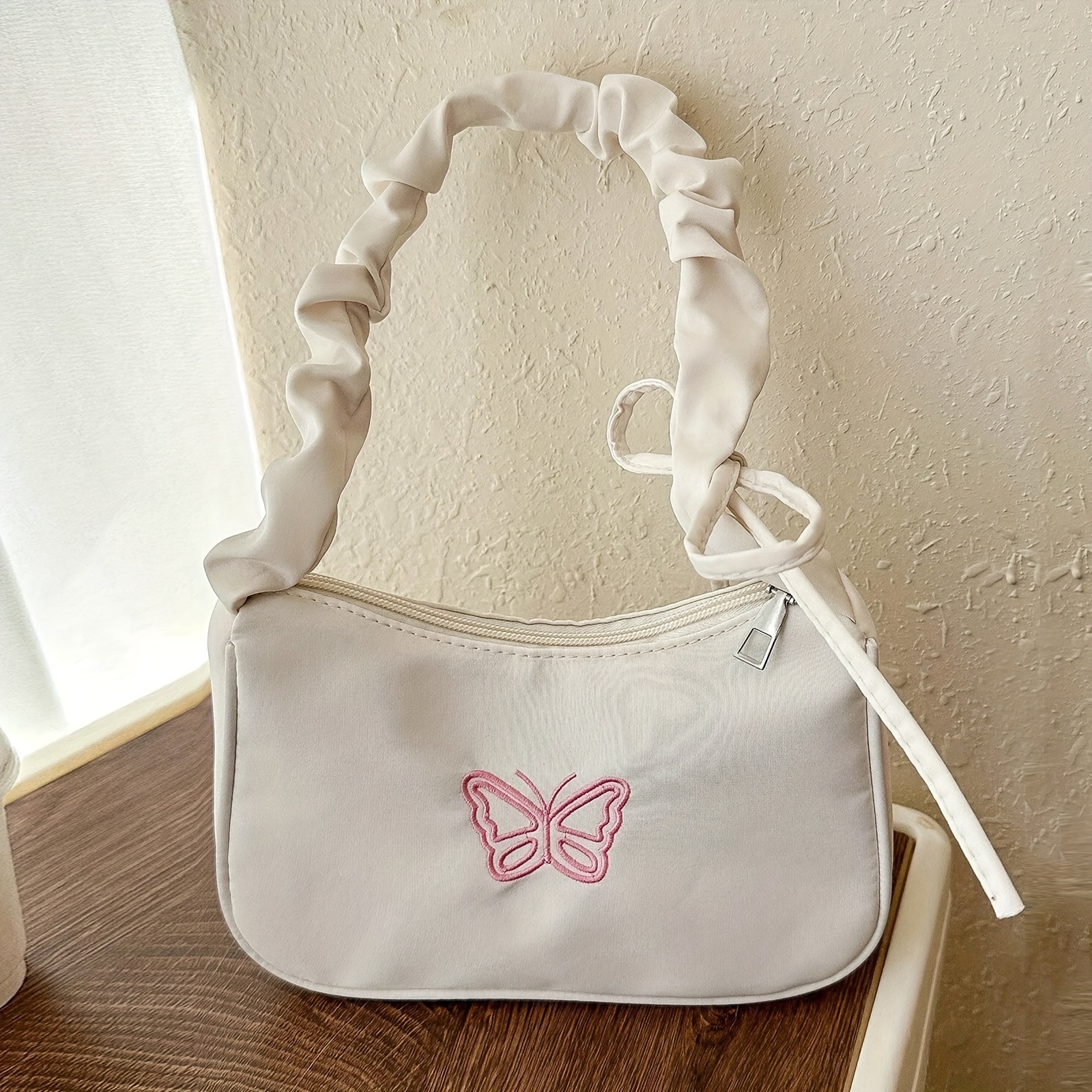 

Women's Pleated Shoulder Bag, Casual Style, Simple Design With Butterfly Embroidery, White Underarm Bag