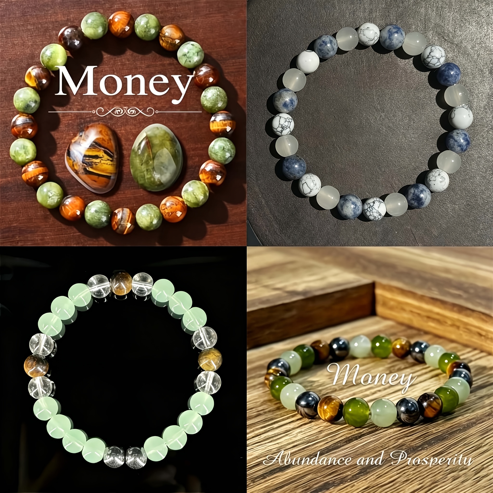 TEMU 4pcs Natural Stone Elastic Bracelets For Women - Bohemian Style, Amulets And Charm For Wealth, Hand-beaded Jewelry Featuring Eye, Obsidian, And,