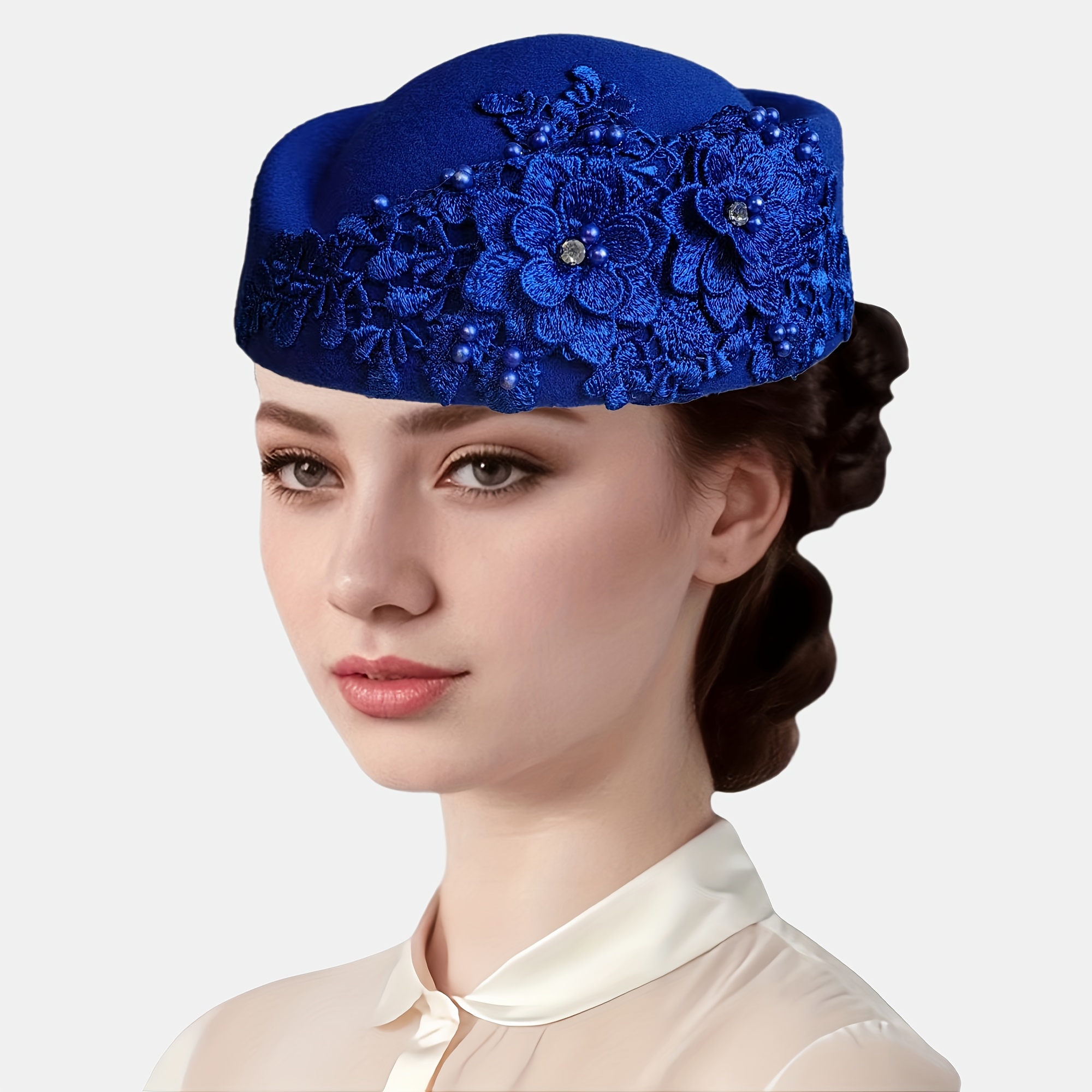 TEMU 1pc Vintage British Felt Beret Hat With Embroidered Rhinestone Patch - Lightweight Felt Suitable For Church, Parties, Weddings, Social Events,