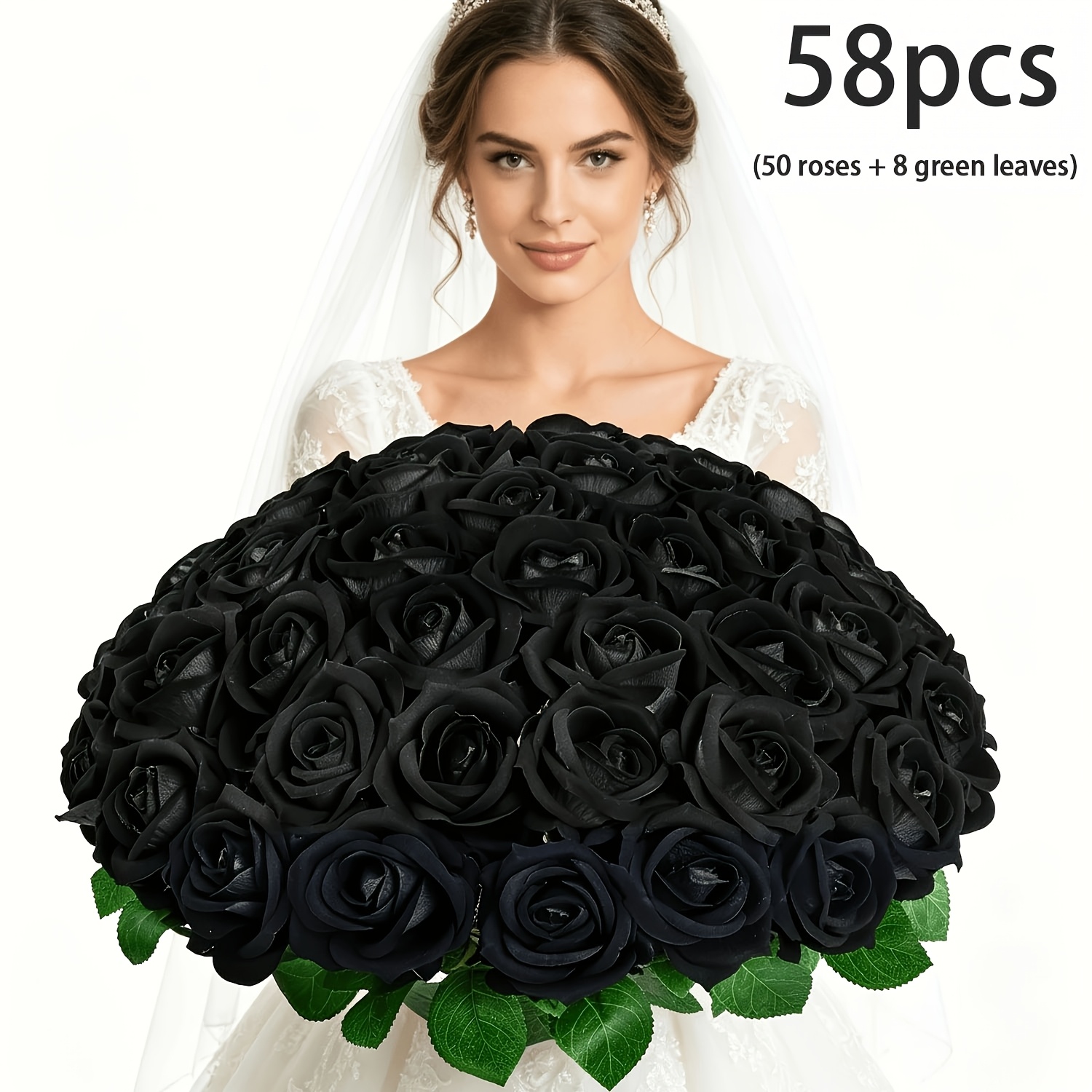 TEMU Lot de 58 pièces (50 roses + 8 feuilles ) de roses rouges artificielles noires, longueur de rose 7,6 cm avec feuilles, fleurs artificielles pour