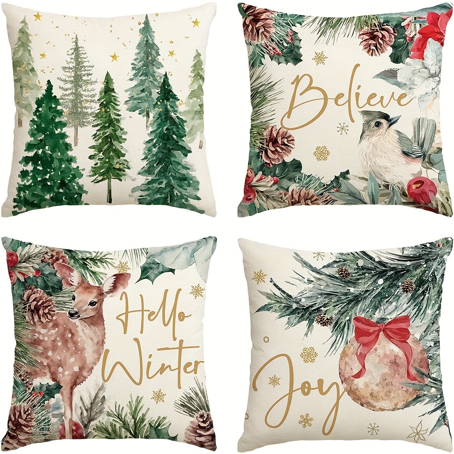 

4pcs Christmas Throw Pillow Cover Set - Rustic Style With Reindeer & Holly Designs, Zippered Linen Cases For Decor