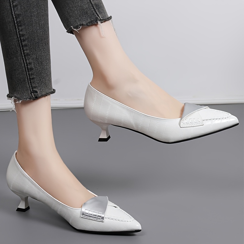 White Kitten Heels with Pointed Toes, Suitable for Women'* Wear,  Featuring a Sexy Low-Cut