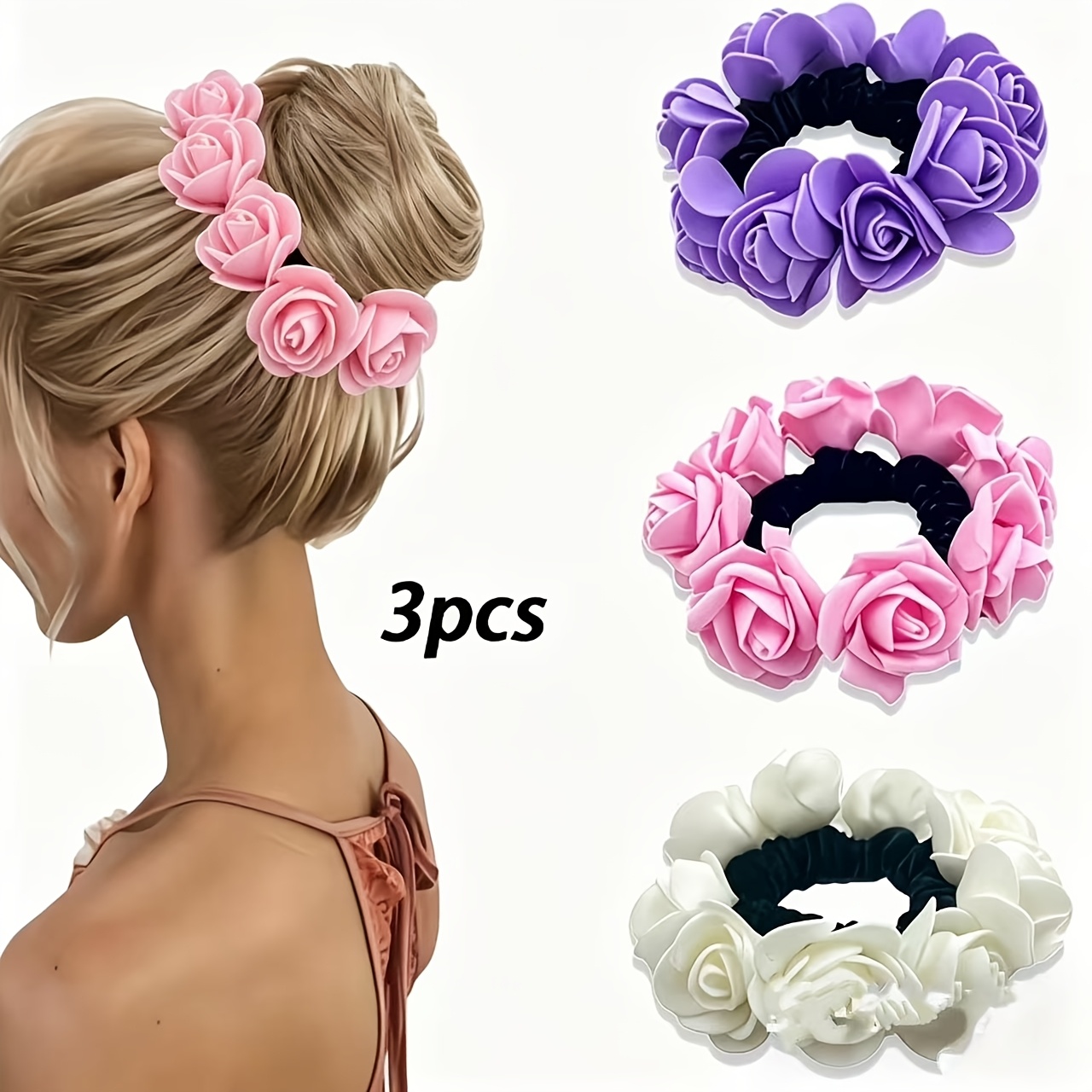 TEMU 3 Piezas de Ligas para el Cabello Estilo Bohemio con | Bandas de Flores Simuladas de Elasticidad, Accesorios de Cabeza Estilo , Accesorios para
