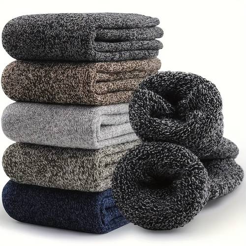 5 pairs mens winter thick fleece lined socks 100 polyester knit fabric solid color warm comfortable hiking outdoor socks