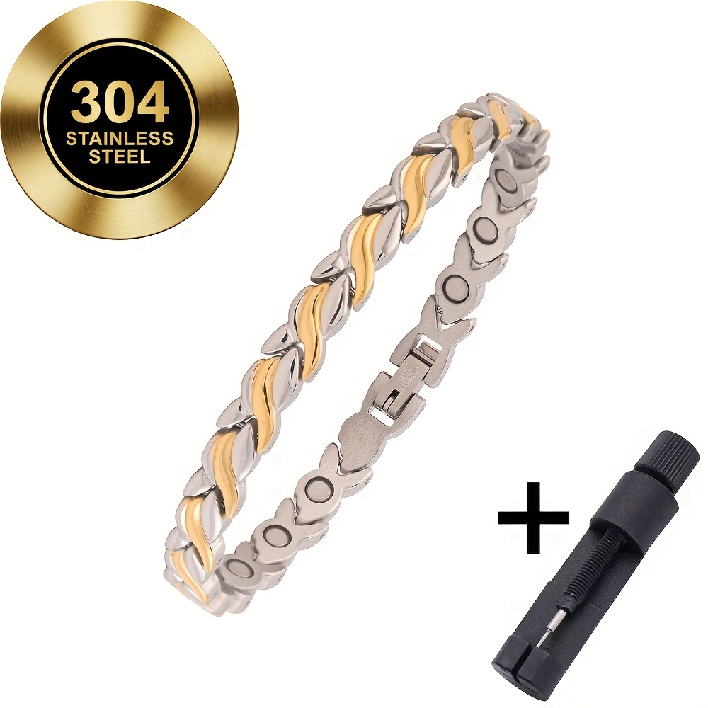 TEMU Pulsera magnética de acero inoxidable de 1 pieza, un extensor ajustable para el tamaño, pulsera magnética de acero inoxidable de 3500 , acero
