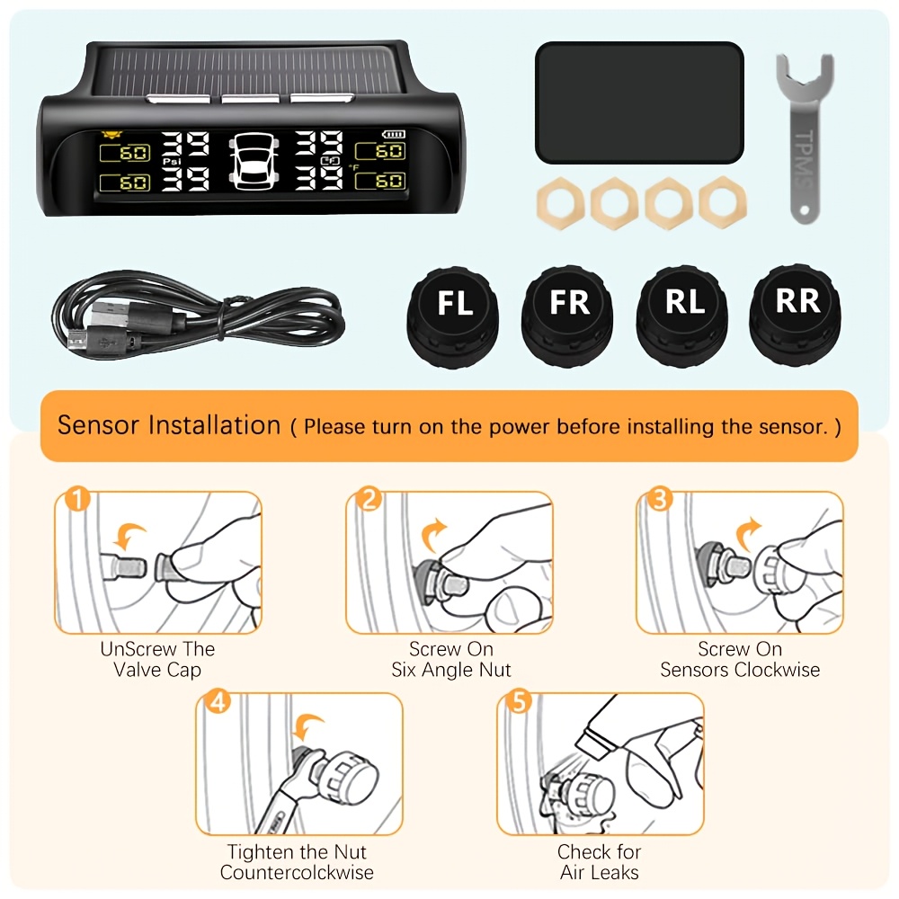 E-shop Universelles TPMS-Reifendruckkontrollsystem für Autos, Drahtloser externer Sensor, Solarladung, Hochauflösendes Digitaldisplay, LCD-Anzeige,