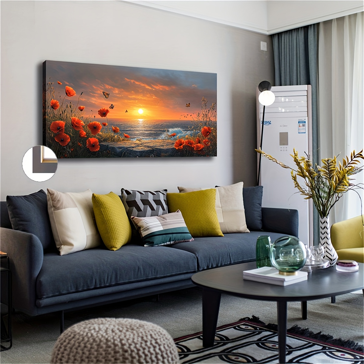 TEMU Large Size With Frame Minimalist Abstract Style Canvas Wall Art Oil Painting 50x100cm 20x40 Inches Sunset Hanging Above The Sea, The Sun On The
