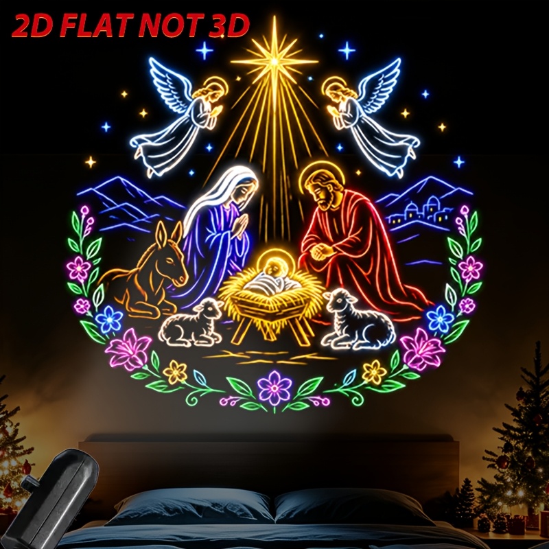 TEMU 1pc 2d Flat Portable Projector Lamp Magical Christmas Nativity Scene With Angels Animals Stars And Lights For Home Indoor Festive Decoration Usb
