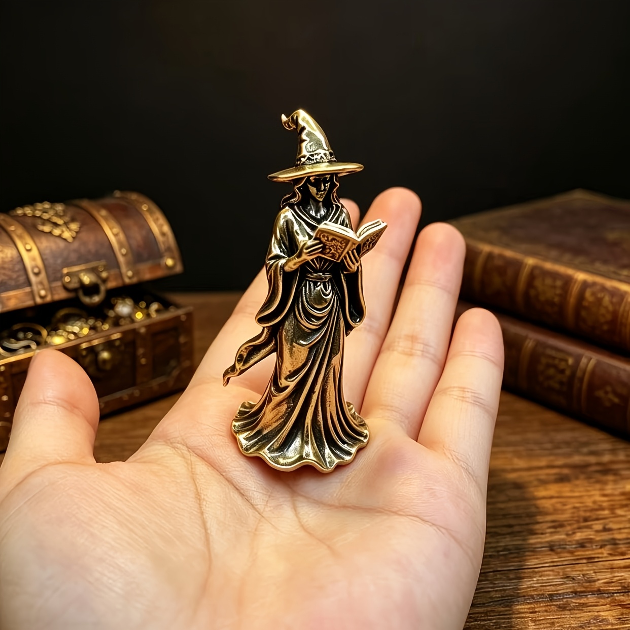 TEMU Collectible Figurines, Vintage Brass Book-reading Witch Statue, Wizard Holding Ancient Grimoire Relief Sculpture, Complete With Hat And Flowing