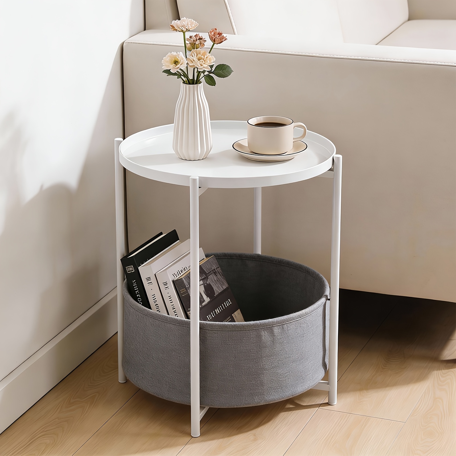Image of Modern Round Side Table With Storage Fabric Basket & Shelves - Space- Carbon Steel Bedside Table, Easy Assembly, Sturdy Vertical Shelf Coffee End Table Suitable For Living Room, Bedroom -