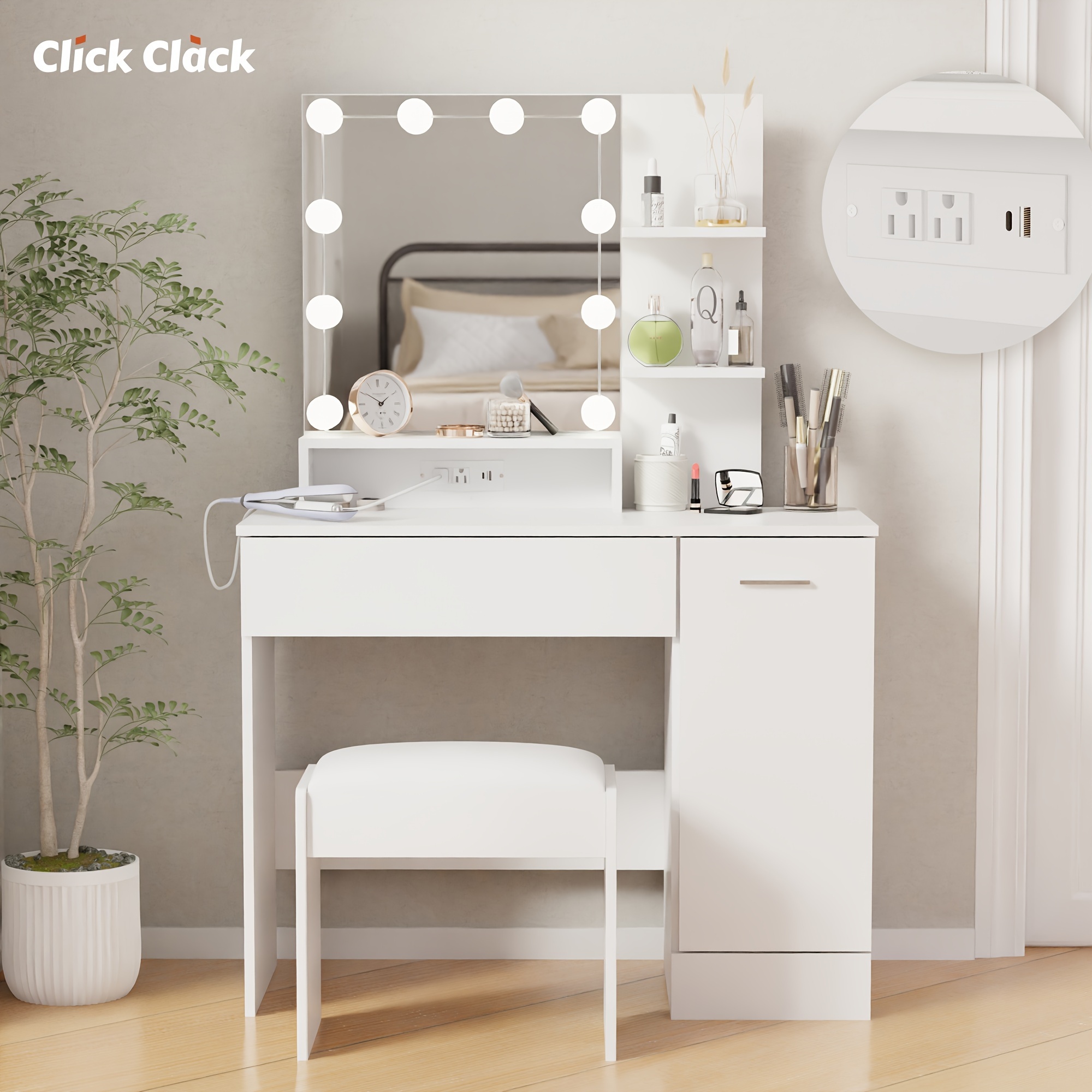 

Vanity Desk With Charging Station, Makeup Vanity Desk With Mirror And Lights, Vanity Table For Bedroom