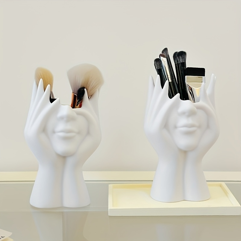 unique human head shaped makeup brush holder lightweight stylish plastic organizer for cosmetics and accessories   desk or bathroom decor 11 slots festive holiday gift idea bathroom organizer   durable plastic makeup organizer holder Product details 2