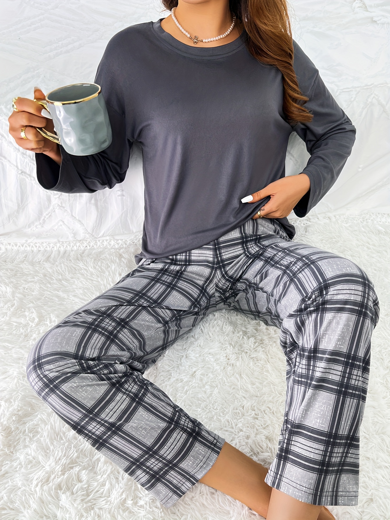 Pyjama bottoms - Dark grey/Checked - Ladies