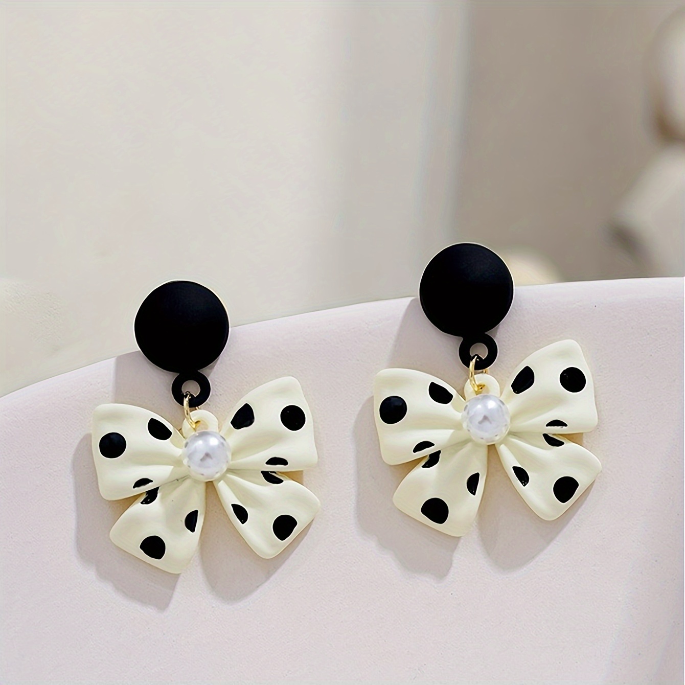1pair elegant polka dot   pearl bow drop earrings for women chic   alloy with stainless steel posts ideal for daily wear parties