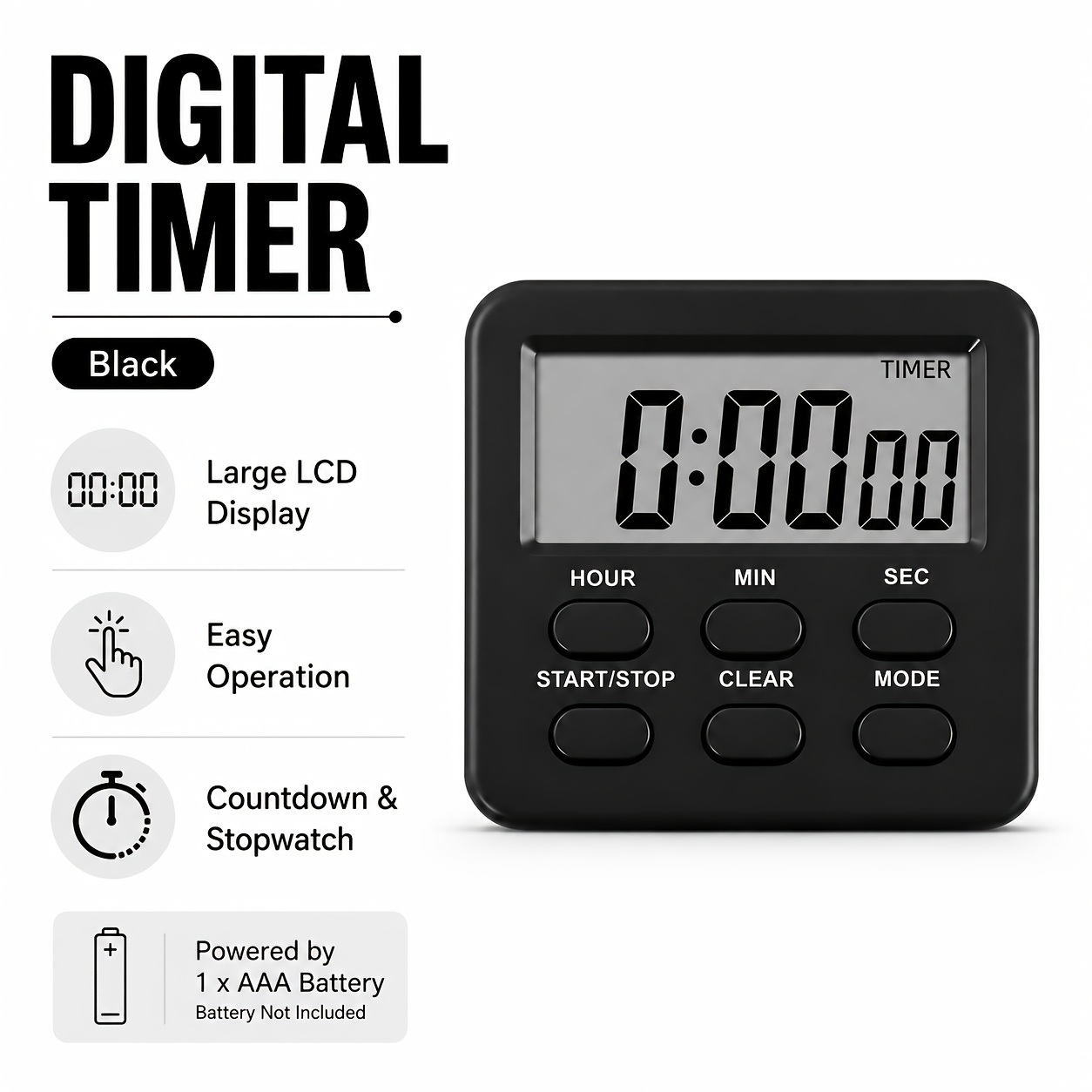 TEMU Digital Kitchen Timer With Large Display, Countdown Timer & Stopwatch, Hour Minute Second Setting, Stop Clear Mode, Portable Cooking Timer For