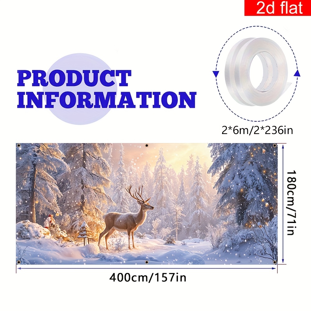 TEMU A Large 2d Banner Featuring A Reindeer In A Snowy Scene, Made Of Durable Polyester, Perfect For Outdoor Holiday Decorations. Ideal For Christmas