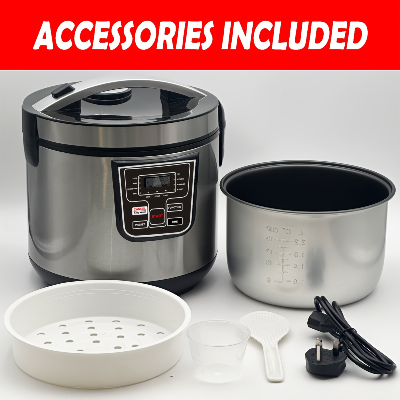 Multi functional household rice cooker, 11 preset cooking options, 5 liters water capacity, up to 12 cups of rice, with non stick inner pot, 24-hour delay timer and automatic keep warm function, UK plug