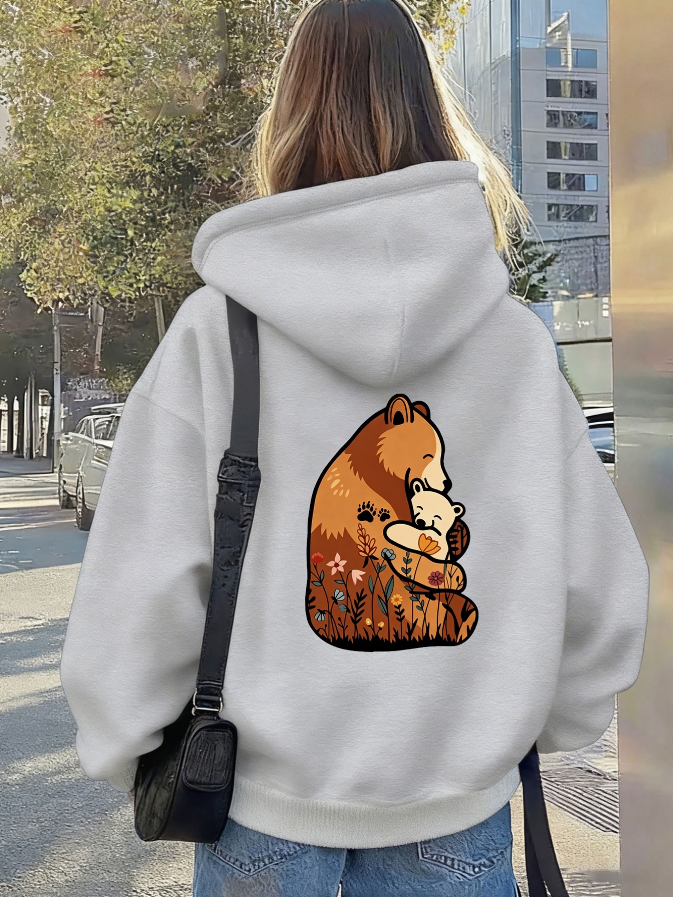 womens fashion printed zipper sweatshirt with a warm scene of a mother bear hugging   surrounded by flowers printed on the back print elegant and fashionable anti pilling   comfortable