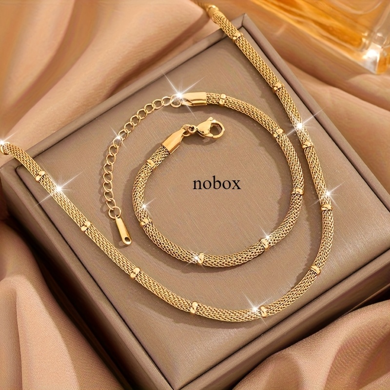 2pcs Golden-Plated Stainless Steel Jewelry Set with Mesh Round Chain