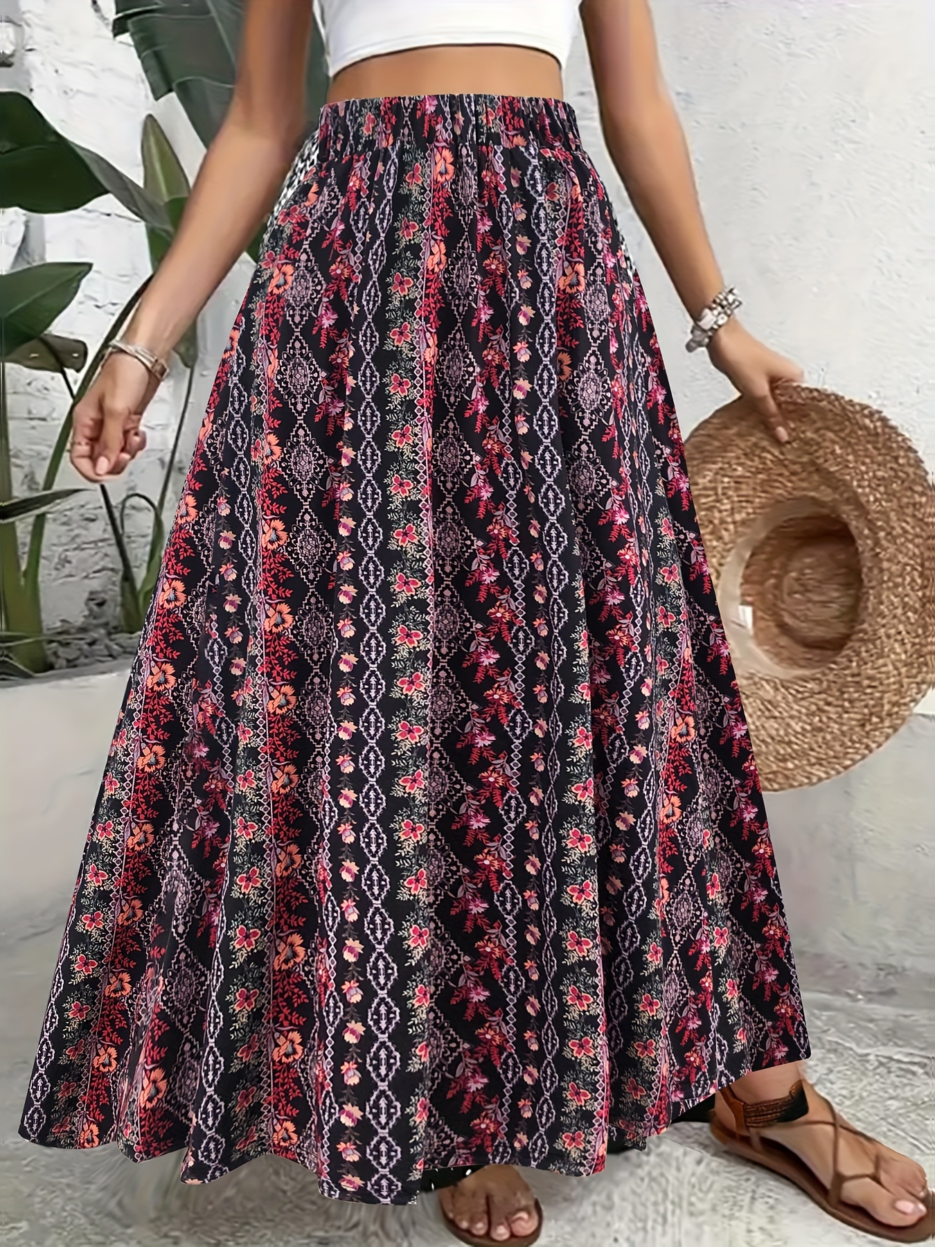 bohemian floral print maxi skirt asymmetric middle eastern Temu