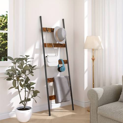 5 tier wall blanket ladder towel rack with hooks industrial rustic wooden shelves sturdy metal frame space saving storage for bedroom living room bathroom decorative display shelf for blankets towels scarves ladder for blankets towel racks