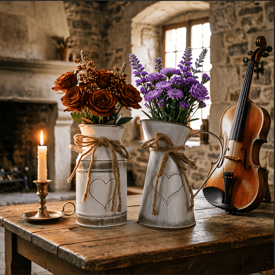 TEMU 2 Retro Distressed Metal Vases With Heart-shaped Embossed Patterns, Decorative Country Flower Vases—equipped With Decorative Ropes, Suitable For