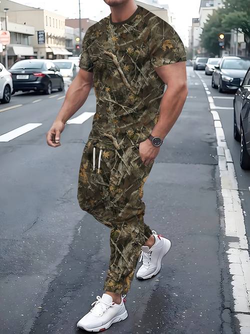 jungle camouflage pattern full body casual round neck pullover short sleeved t shirt long pants couples set for spring and summer branch pattern print long sleeved pullover top and drawstring pants 2pcs set