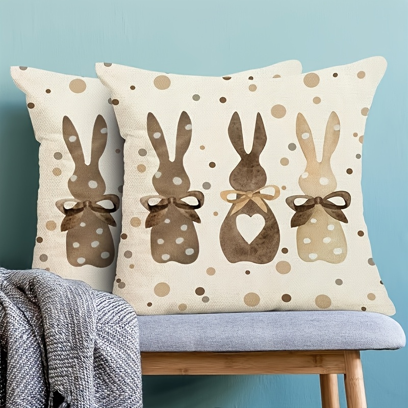 

2pcs Set Easter Polka Dot Bunny Throw Pillow Covers 18x18 Inches, Linen Farmhouse Spring Decorative Cushion Cases For Sofa, Bedroom, Living Room, Indoor & Outdoor - Zip Closure, Machine Washable