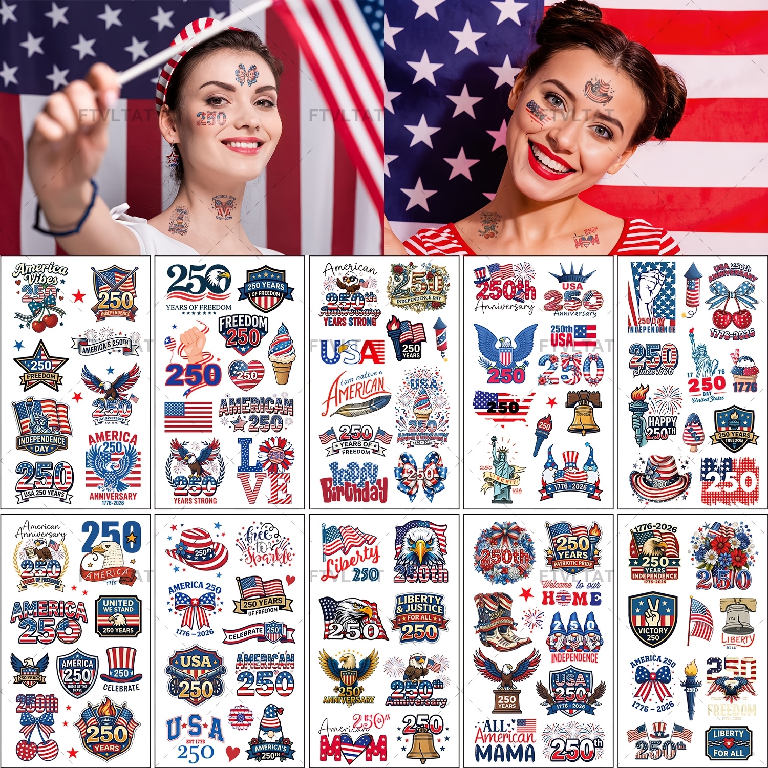 10 sheets temporary temporary tattoo stickers for the 250th anniversary of   american   body tattoos suitable for 2026 commemorative gifts and stickers red white and blue   theme event parade and party decorations