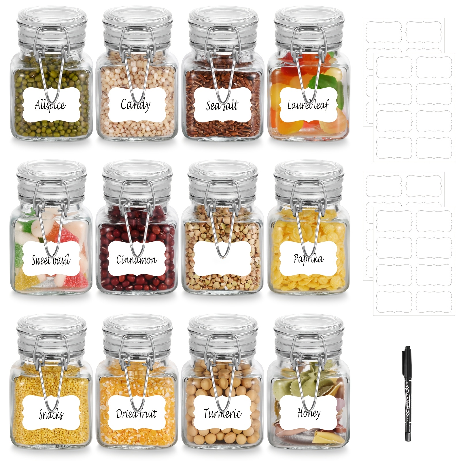 TEMU 12/24pcs Storage Container, 120ml/4oz Mini Clip-top Glass Jars, Sealed Spice Jars With Hinged Lids, Storage Containers With Labels And Funnels,