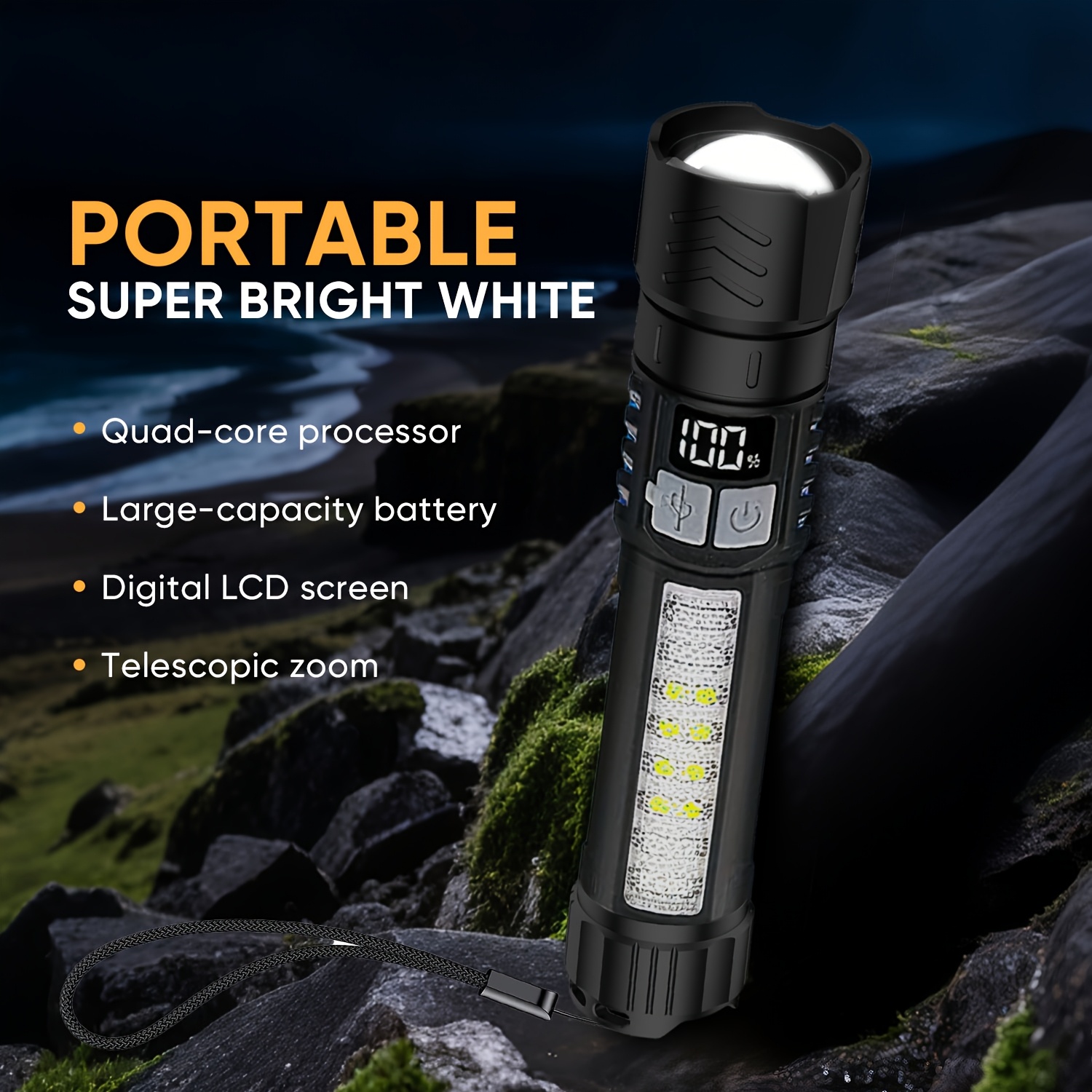 TEMU 1pc High-brightness Flashlight With For Outdoor Camping Led Flashlight Power Bank Flashlight Usb Rechargeable For Emergencies, Hiking, Camping,