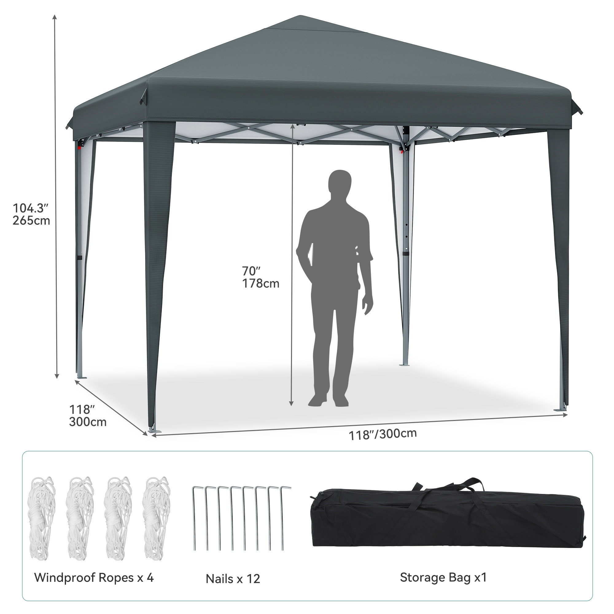 Image of 2. 5x2. 5m 3x3m Pop Up Gazebo, Heavy Duty Folding Outdoor Shelter Canopy, Includes 4 Wind Ropes 12 Ground Stakes And 1 Portable Storage Bag For Party Events