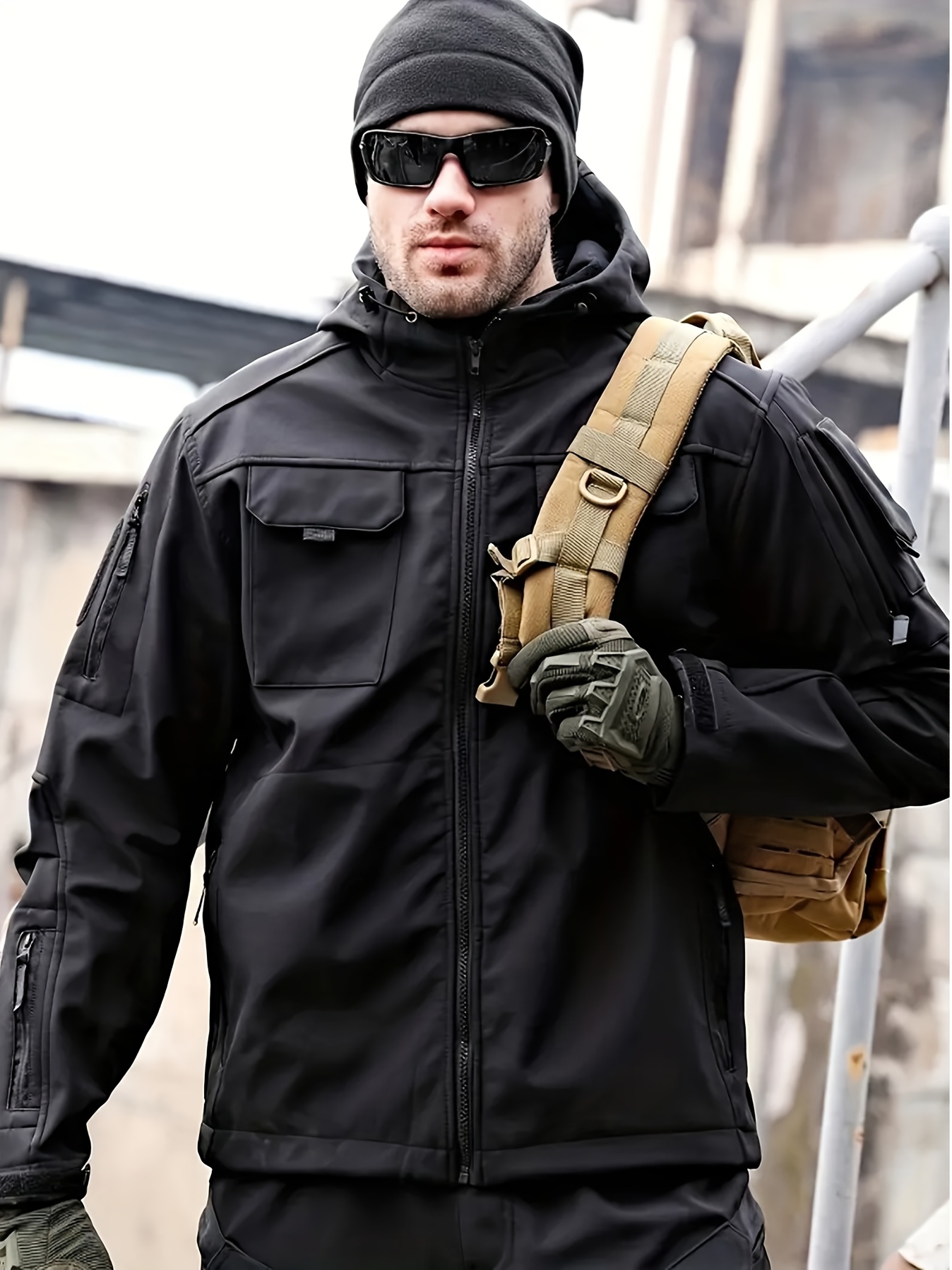 1pc Men's Waterproof Lightweight Soft Shell Jacket with Hood & Multiple Pockets - Thermal Insulated Outdoor Coat for Hiking, Camping, Casual Wear - Machine Washable, Regular Fit (Winter/Spring/Fall), Versatile Travel Jacket | Full Zip Jacket | Durable Zipper, Winter Camping Gear