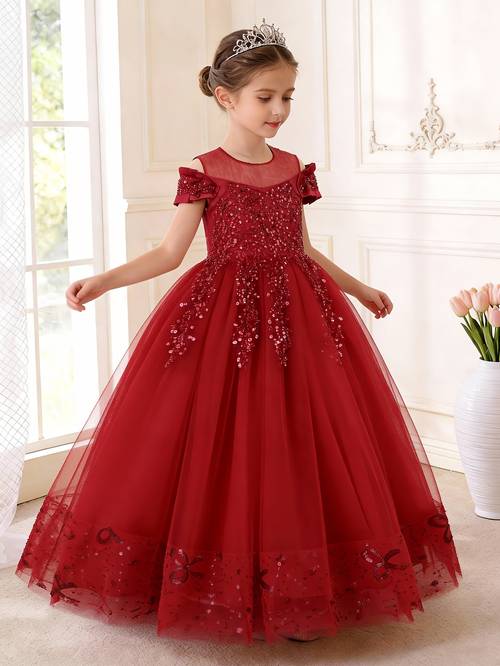 item picture red sequin sleeveless lace childrens dress one shoulder design puffy princess dress for girls suitable for wedding flower girls birthday parties christmas and other formal occasions