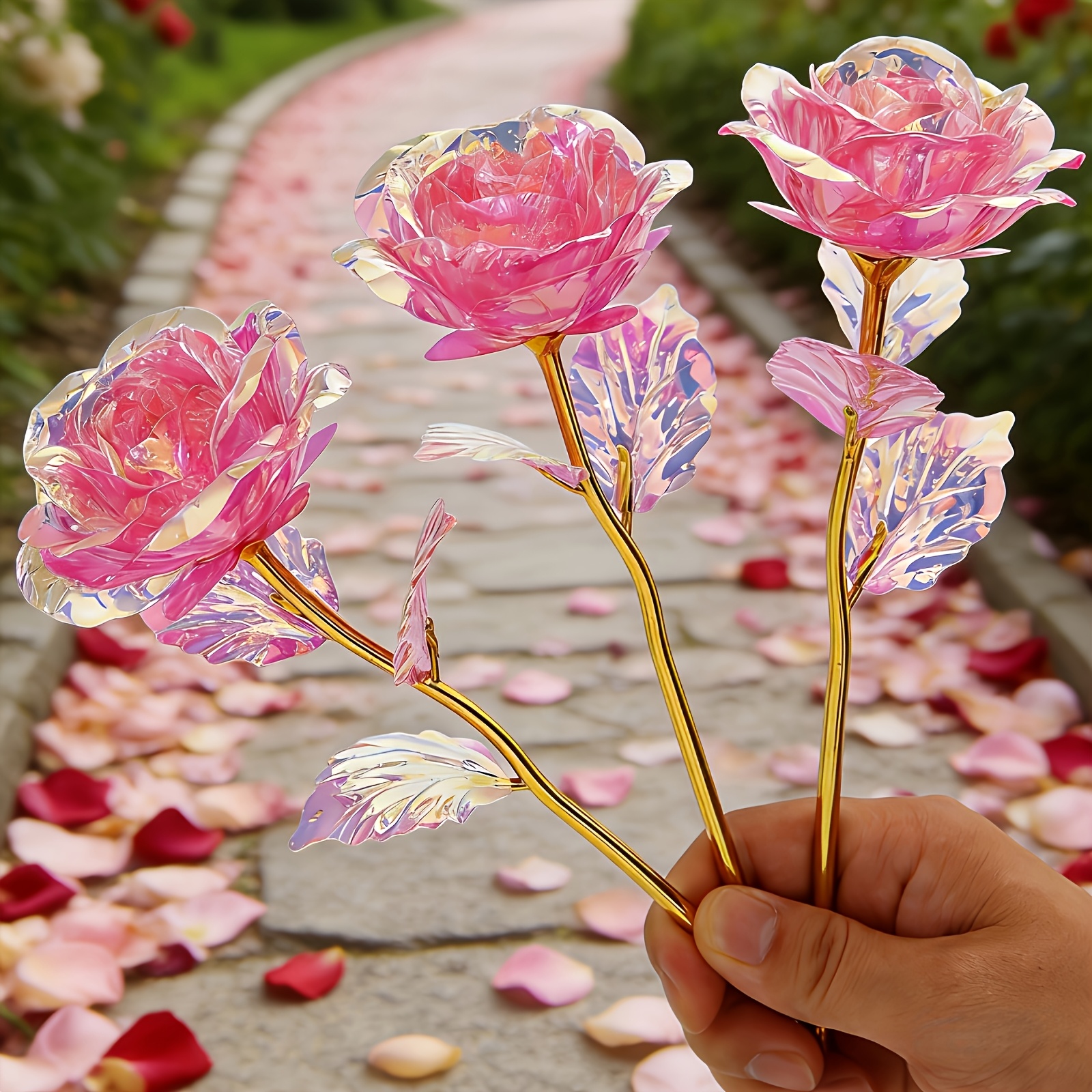 11pcs Everlasting Crystal Rose Bouquets - Shiny Plastic Flowers Suitable for Wedding, Valentine' Day, Home Party Decor with Realistic Roses & Foliage, Low-Maintenance Elegant Centerpieces for Table Centerpieces, Year-Round Decoration