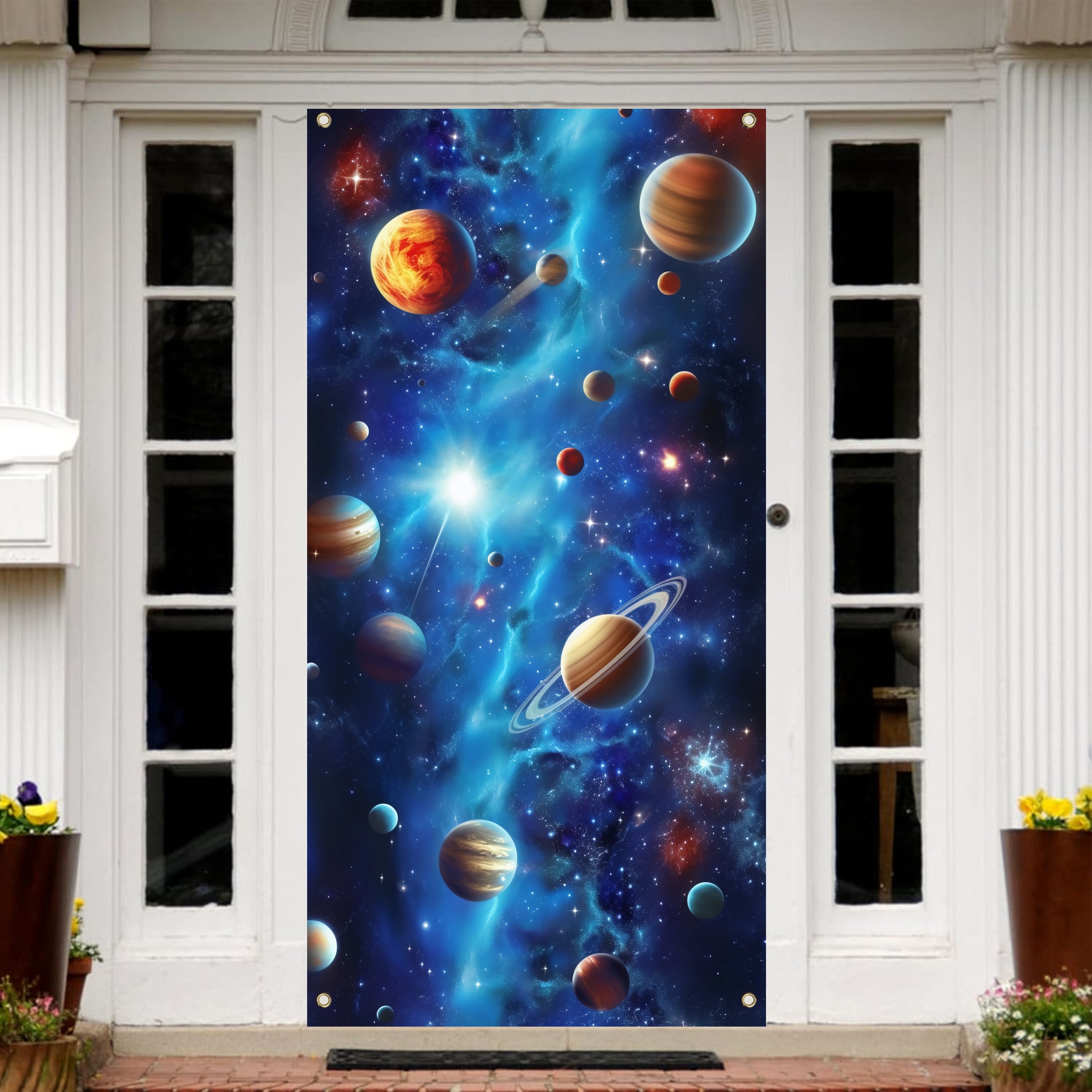

1pc 70x35 Inch Outer Space Door Cover Backdrop Universe Earth Planet Adventure Birthday Door Banner Party Cake Table Decorations For Boys Kids Child Banner Supplies Door Backdrop Decoration