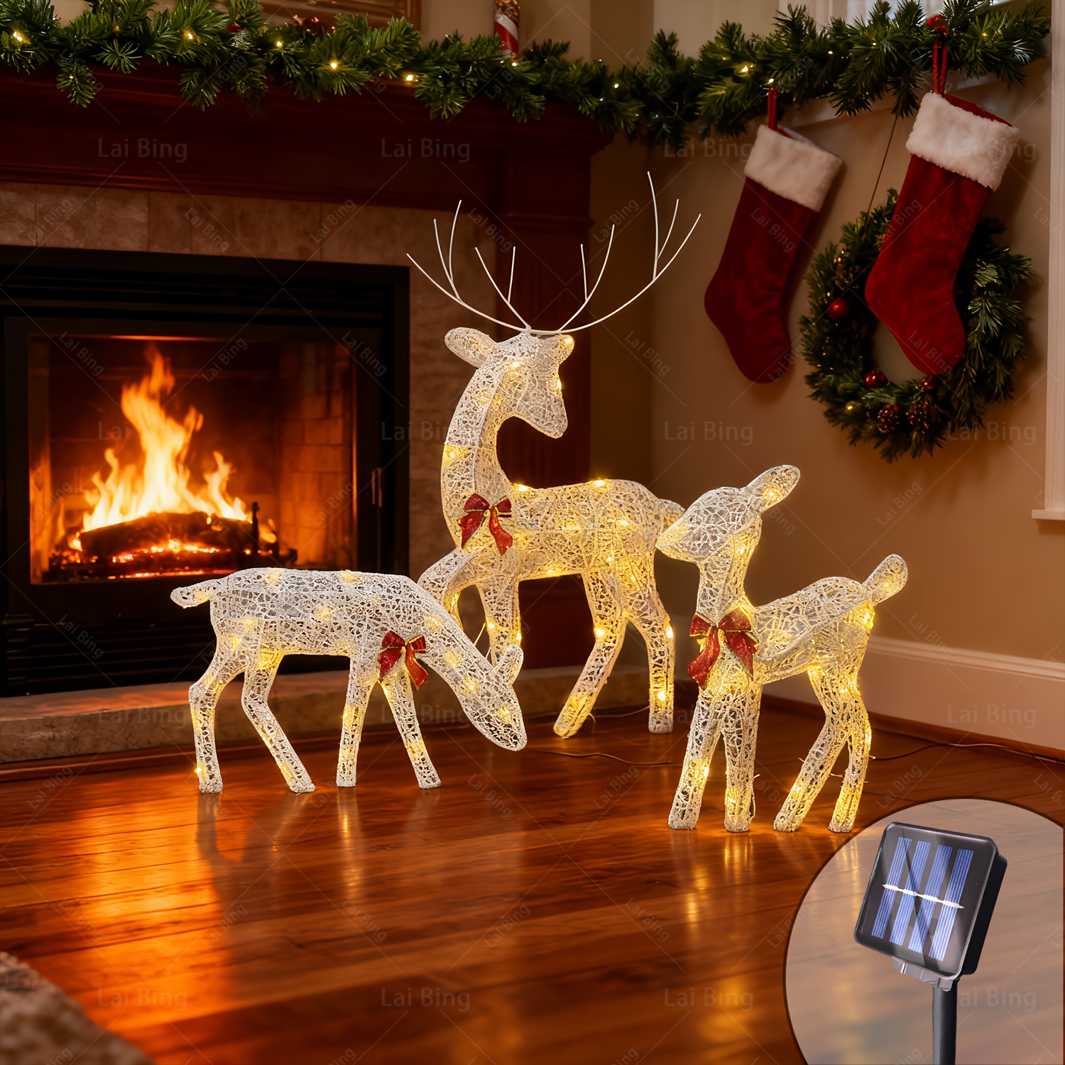 TEMU Solar-powered Set Of 3 Illuminated Christmas Reindeer Decorations, 2d Lighting, Festive Reindeer Ornaments, Large Outdoor Illuminated Reindeer