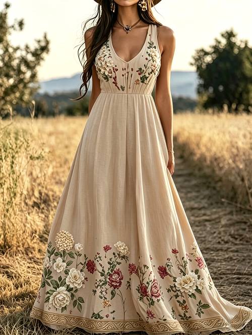 spring and summer new retro floral print v neck sleeveless waist cinching long dress with large waist cinching and swinging silhouette suitable for bohemian casual vacation long dress that highlights height and thinness