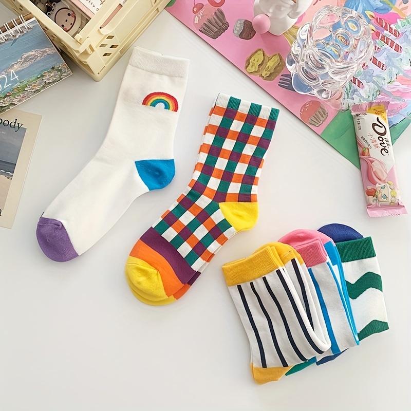 

5 Pairs Checkerboard Socks, Women's New Rainbow Striped Mid Tube Socks