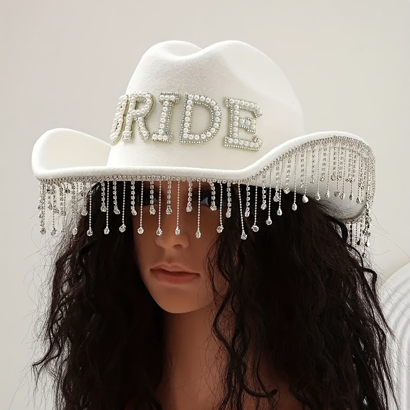 E-shop Luxuriöser Strass-Cowboyhut "Bride" in Weiß mit Quasten-Details, Polyester Western-Braut-Fedora für Junggesellinnenabschiede, Abschlussball und